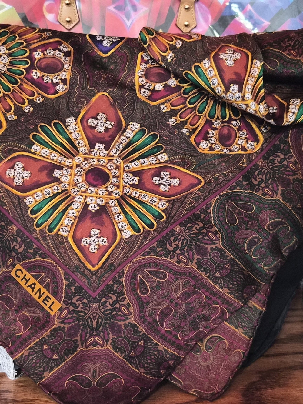 Chanel Printed Silk Scarf in Jewel Tone Paisley
